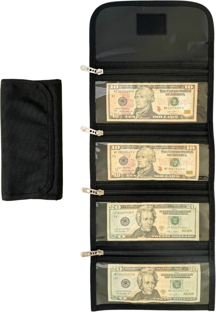 Money Wallet Organizer for Cash with 4 Zippered Pockets - Handy Currency Organizer  Cash Envelope Wallet - Ideal Money Holder for Bills, Coins, Foreign Currencies and Travel - Black