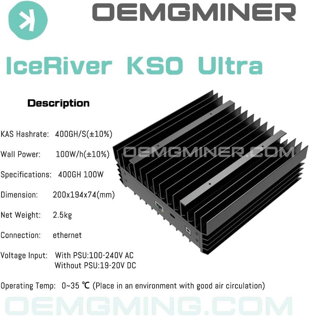 ICERIVER KS0 Ultra 400Gh Ultra 100w KAS Miner Kaspa Crypto Asic Miner Machine Quiet with Original PSU and US Cord Ship by